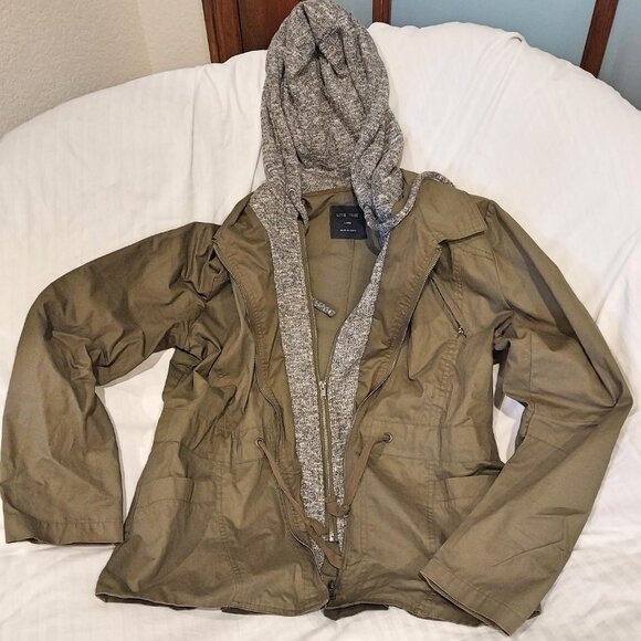 Love Tree Utility Jacket Sweatshirt Lined Olive/Gray Double Zip Pockets Womens L - Picture 1 of 5